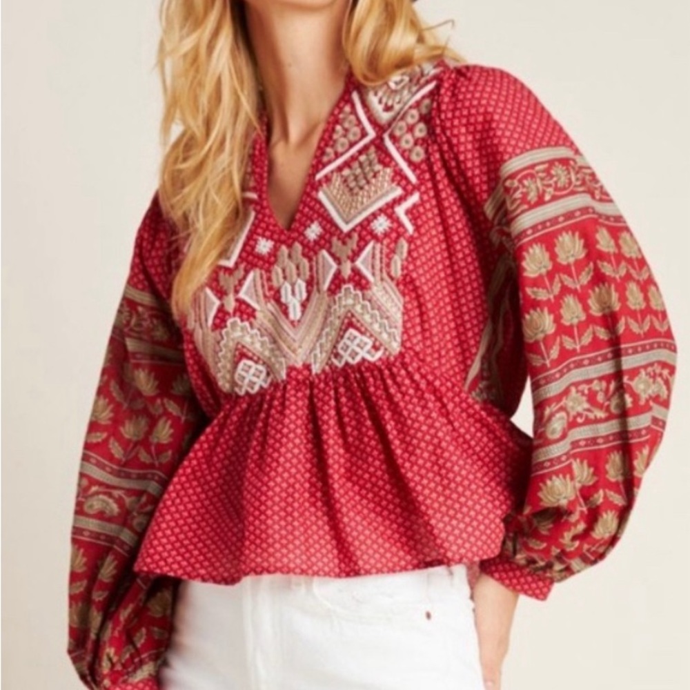 Anthropologie Keira Embroidered Peplum Bohemian Top.